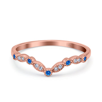14K Rose Gold Curved Marquise Half Eternity Stackable Ring Simulated Blue Topaz CZ Size-9